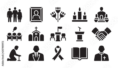 Obraz na plátně Funeral service and memorial icons set including church building people and accessories