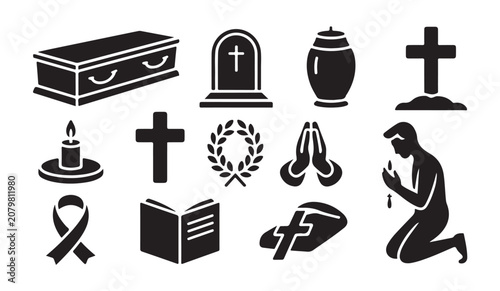 Fotografía Comprehensive funeral icons set with casket urn cross and kneeling figure for mourning
