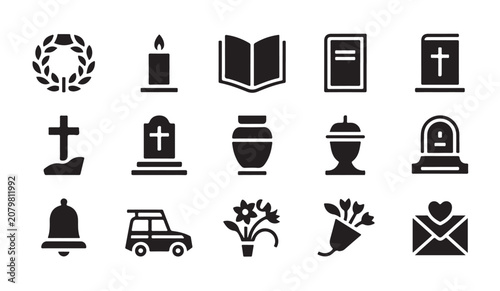 Foto Funeral set of fifteen flat black vector icons depicting mourning and bereavement symbols
