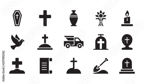 Bilde på lerret Funeral and burial service icon set showing coffins tombstones and mourning symbols black