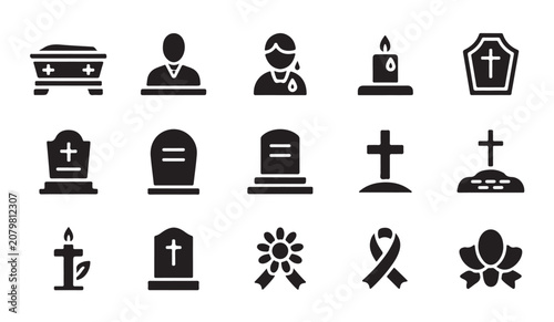 Fotografie Funeral service and memorial icons set featuring gravestones coffins and mourning symbols