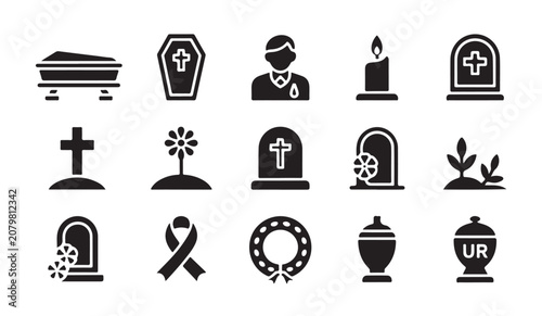 Fotografi Set of funeral and death related icons featuring coffins tombstones candles and flowers