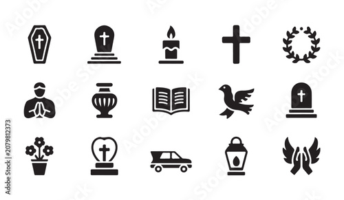Fotografie Cemetery and funeral service icons set with coffins tombstones urns and prayer hands