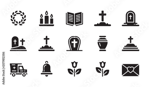 Fotografie Funeral and burial service icons with candles books graves and floral arrangements set