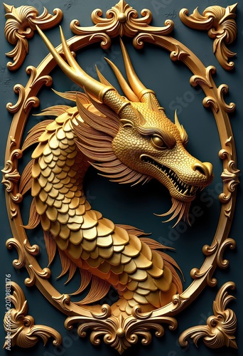 Golden Dragon Relief Sculpture with Intricate Carvings and Detail