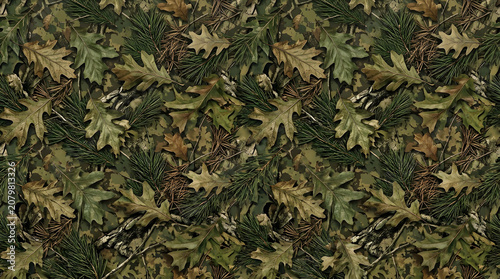 Seamless forest camouflage pattern with oak leaves and pine needles