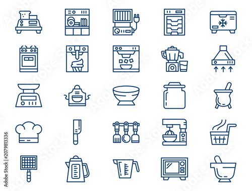 Modern kitchen appliances outline collection presents detailed culinary cooking electronics. Domestic concept