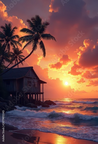 Serene Beach House at Sunset with Palm Trees and Colorful Sky
