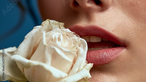 Close-up of a pale rose held near a woman's lips