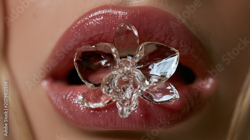 Close-up of a woman's lips with a clear ice flower delicately placed between them