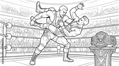 Cuadro en lienzo Vintage wrestling illustration of two athletes in a takedown, hand drawn sketch