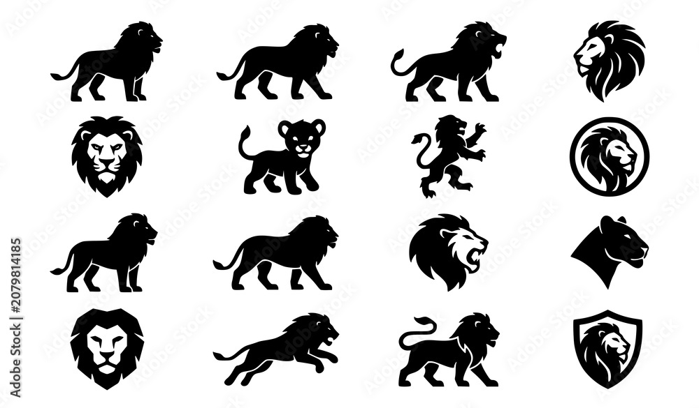 Obraz premium Minimal lion silhouette collection with lion head wildlife logo and vector icon set