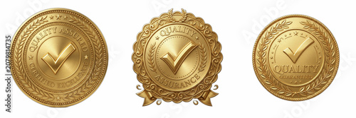 Schilderij op canvas Set of three premium golden quality assurance seals with checkmark symbols, clas