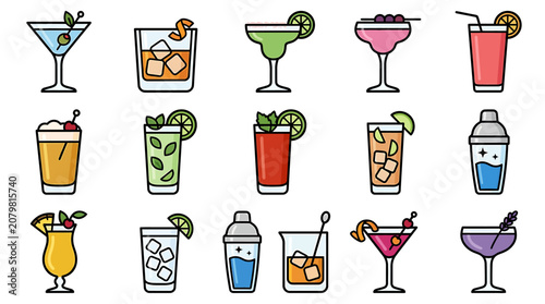 Line art illustration of various colorful cocktails and drinks on a white background for christmas_1782635210242.eps