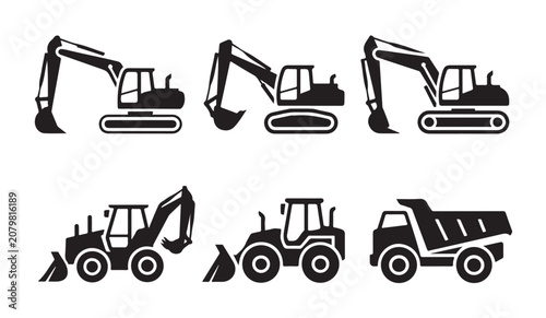 Excavator and dumper truck icon set. construction machinery black silhouettes isolated on white.