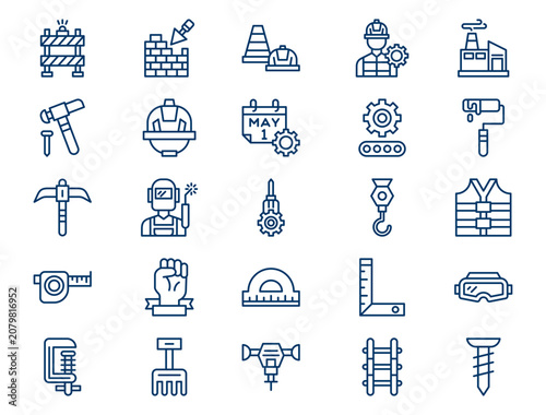 Industrial labor day outline collection presents detailed construction worker elements. Employment concept