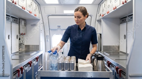 Professional Flight Attendant Organizing Beverage Service Cart Before Passenger Boarding