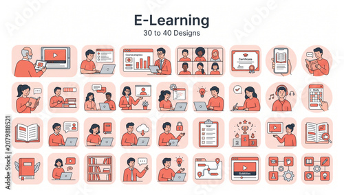 E-learning education vector set depicting online learning methods and virtual classroom interactions with e learning education learning e-learning classroom training illustration knowledge