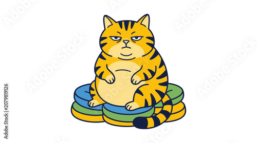 Bild auf Leinwand Grumpy Fat Tiger Cat Sitting on Stacked Cushions