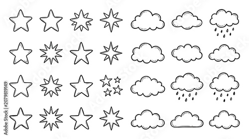 Doodle Stars and Clouds, Hand Drawn Weather Icons Set, Vector Illustration