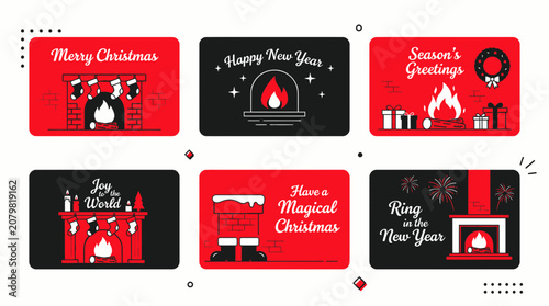 Christmas And New Year Greetings Cards Collection, Fireplace, Gifts, Wreath, Fireworks