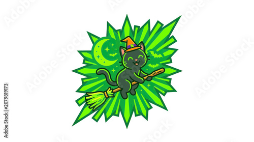 Cute Black Cat Witch Flying Broomstick Moon Halloween Cartoon