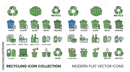 Foto Recycling Icons Collection: Eco-Friendly Waste Management Flat Vector Set