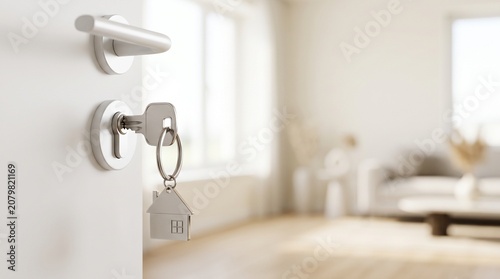 House Key with Home Shaped Keychain in Door Lock, Property Ownership and Moving Day Purchase Modern House Interior Background, Real Estate Concept