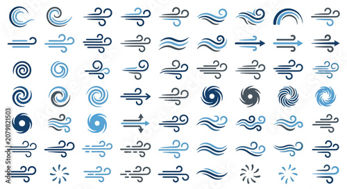 Wind and air flow icons for weather and climate graphic design.