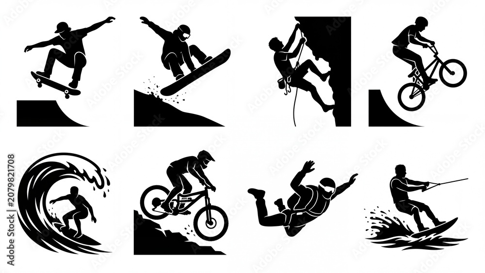 Obraz premium Vector silhouettes of extreme sports athletes showcasing various adventure activities suitable for branding icons and active lifestyle designs
