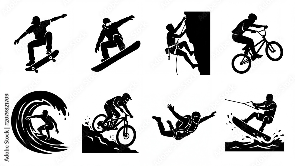 Obraz premium Collection of extreme sports and outdoor activity silhouettes vector icons for action and adventure themes isolated on white background