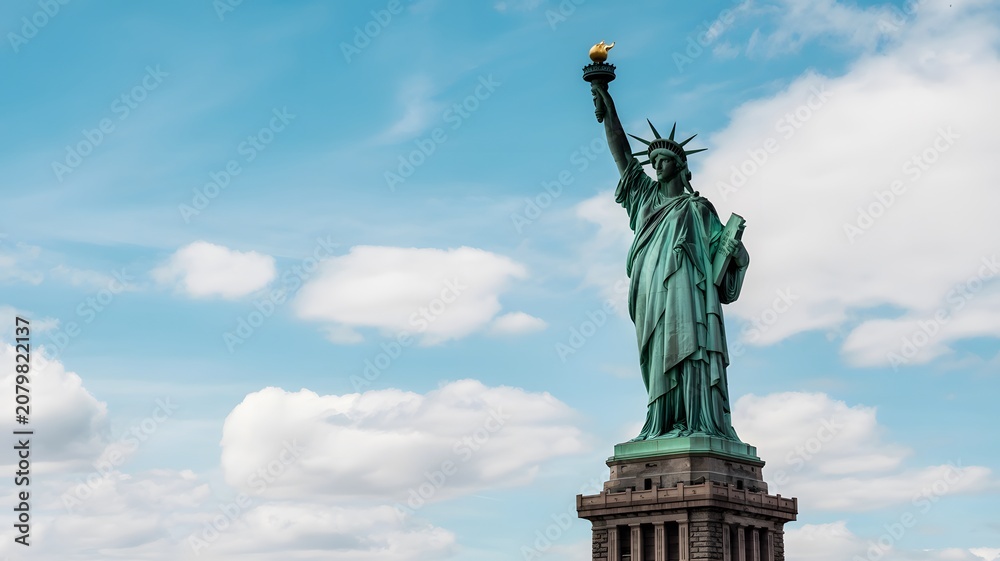 Fototapeta premium The Statue of Liberty Standing Proudly Against a Bright Blue Sky with White Clouds