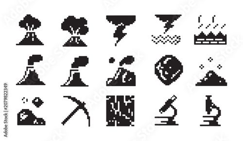 Fotografie Pixel art natural disasters and geological phenomena icon set for science