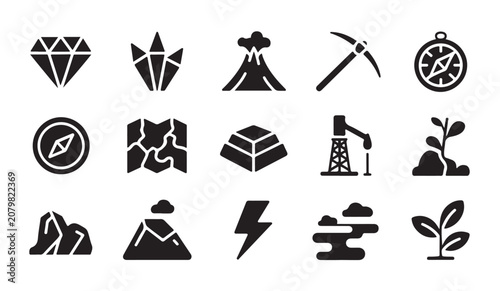Fotografie Geology icons set of diamonds minerals and natural phenomena in glyph style