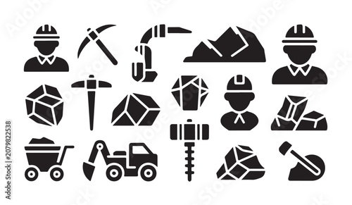 Foto Mining industry workforce and extraction machinery icons set for professional operations