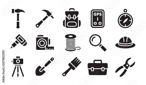 Foto Professional geologist equipment and field survey tools icons for industrial mining tasks