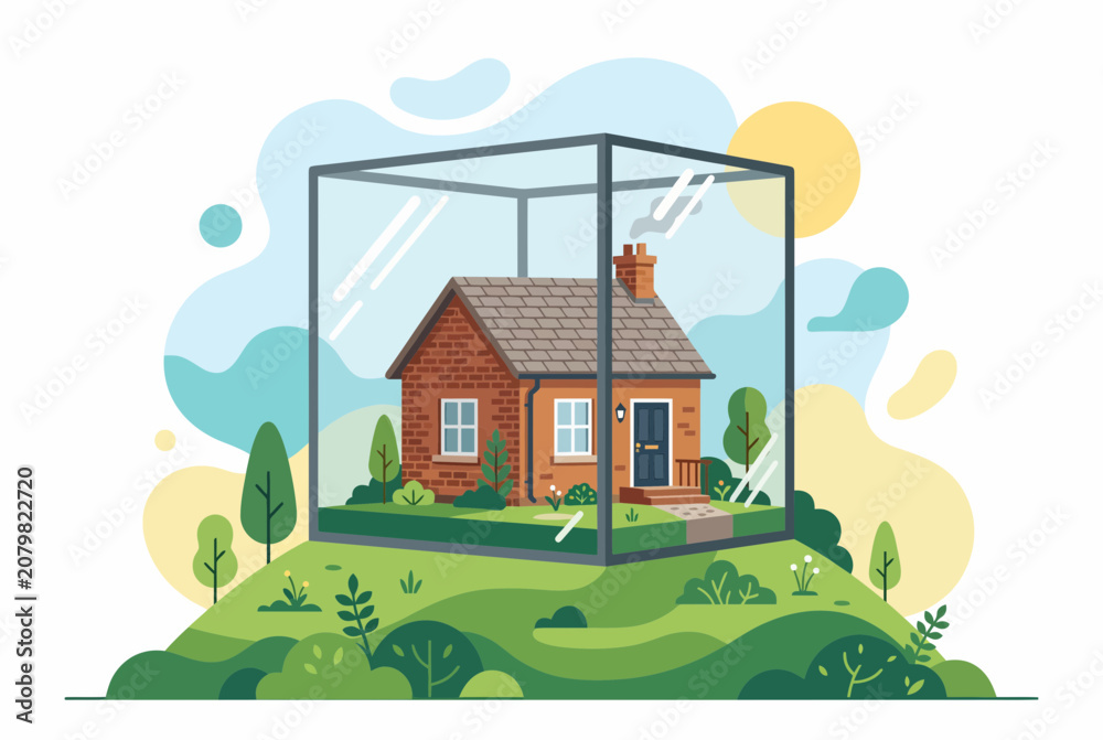 Naklejka premium Home Insurance and Property Protection Concept with House in Glass Cube