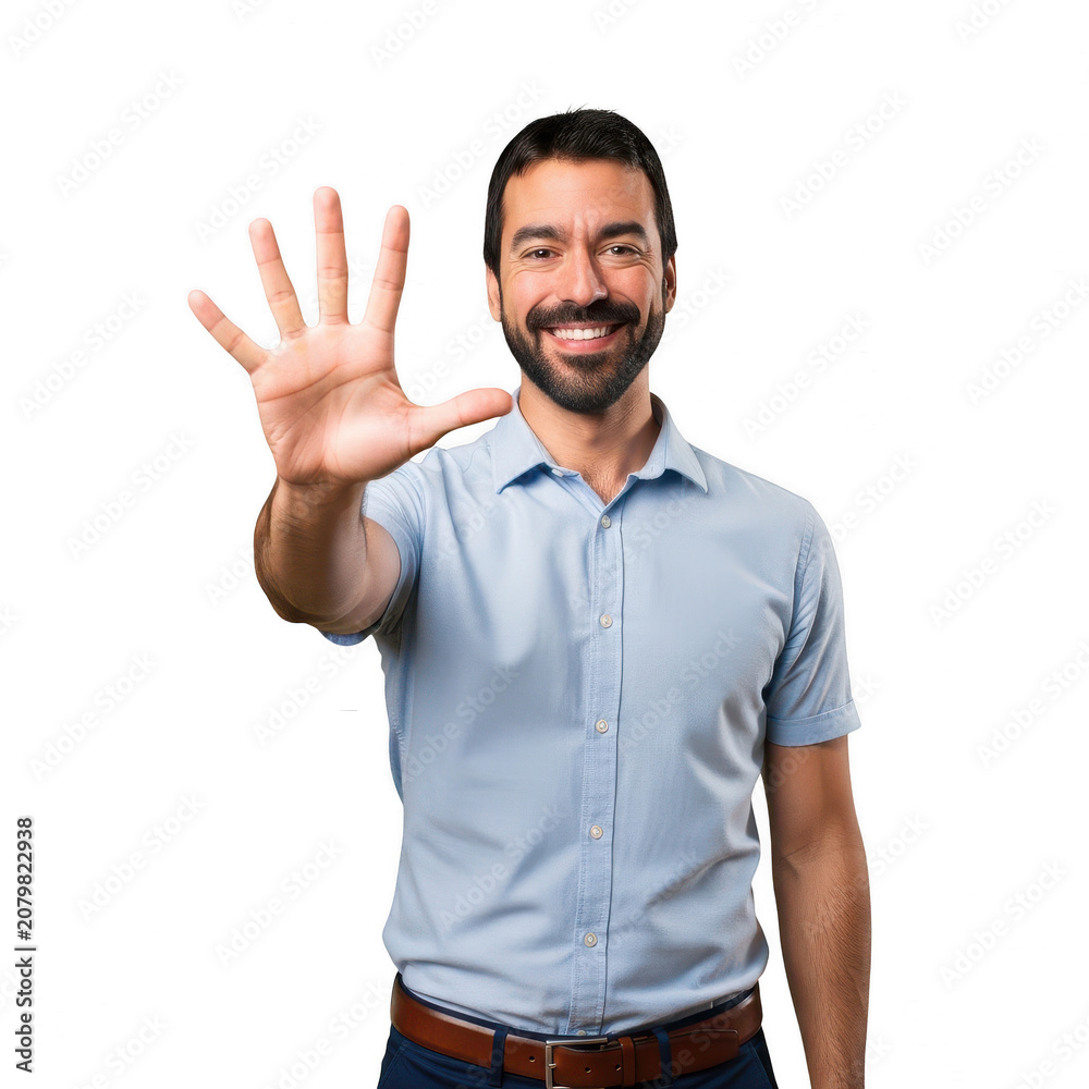 Fototapeta premium Smiling man showing five fingers gesture with his hand isolated on transparent background