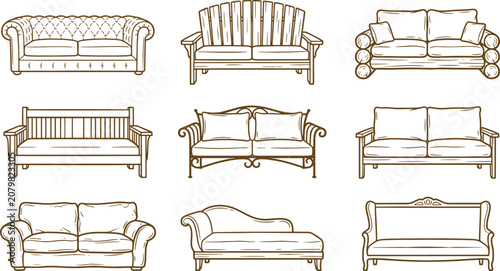 Variety of line depicting different styles of sofas and benches, including tufted, wooden, metal, and chaise lounge furniture pieces