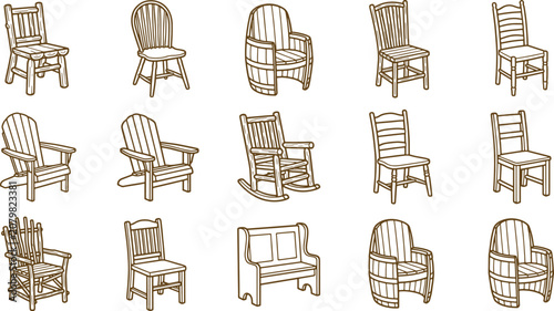 Various wooden chairs, armchairs, and benches illustrated in a simple brown line style, home furniture collections