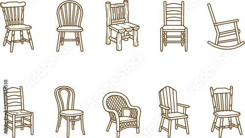 Assorted collection of wooden chairs and armchairs in a simple brown line style, featuring various for home interior furniture