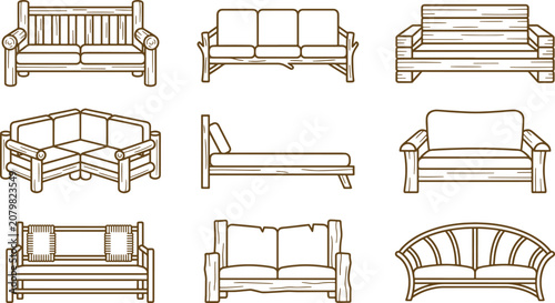 Assorted collection of wooden sofas, benches, and couches in a simple brown line style, home furniture concepts