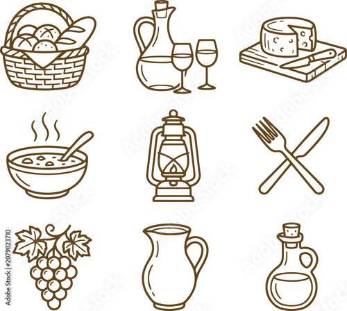Assorted kitchen and dining including bread basket, wine, cheese, soup, lantern, cutlery, and grapes, drawn in brown line style