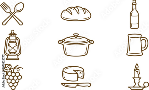 Assorted kitchen and dining including cutlery, bread, wine bottle, lantern, pot, mug, grapes, and cheese, drawn in brown line style