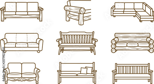 Assorted line of various wooden benches and sofas, showcasing different styles of rustic, cabin, and traditional seating furniture