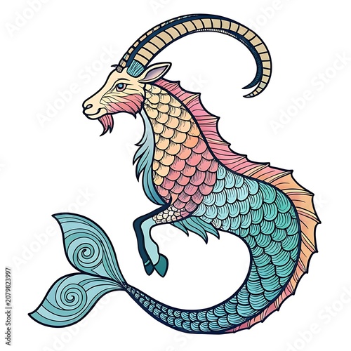 Mythical Sea Goat Capricorn Zodiac Sign Creature Ocean Illustration