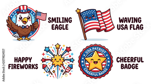 Patriotic celebration with smiling eagle waving USA flag amidst happy fireworks and cheerful badge.