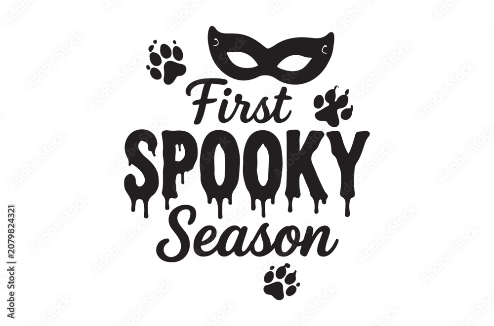 Fototapeta premium Black cat mask and paw prints silhouette with halloween typography