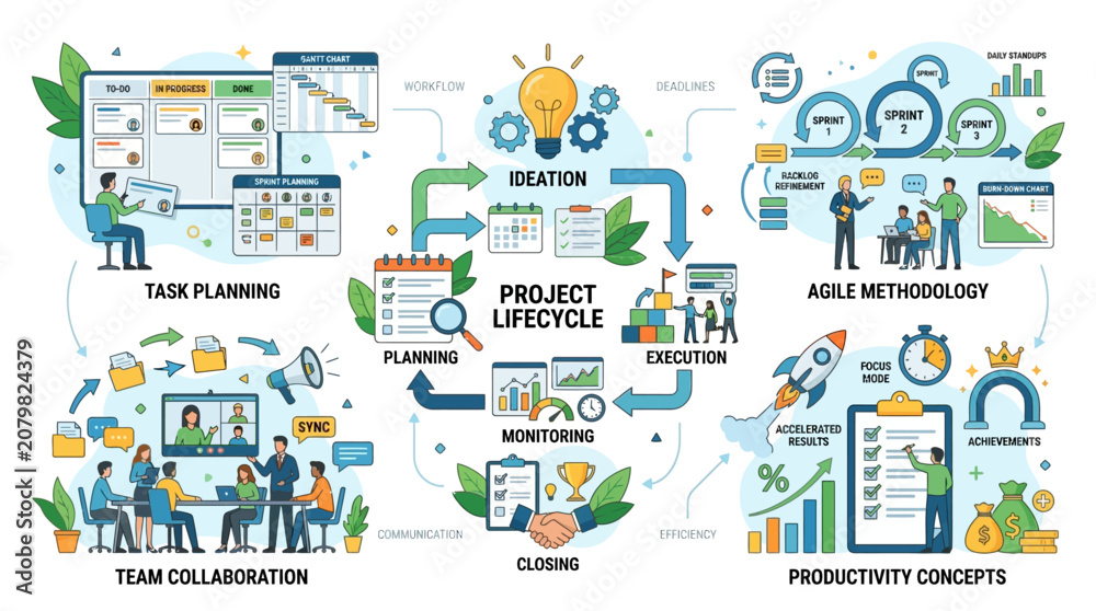 Naklejka premium A detailed infographic illustrates project lifecycle concepts with agile methodology, task planning, team collaboration, and productivity concepts.