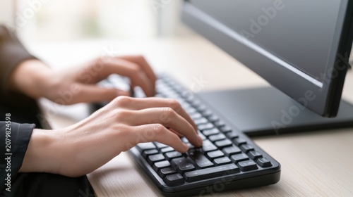 Close-up of female hands typing on desktop computer keyboard at workstation. Office employee working on digital tasks, business projects and computer-based workflow in modern office
